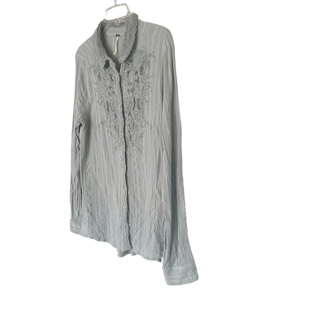 Free People Light Gray Lace-Trim Button-Down Shirt
